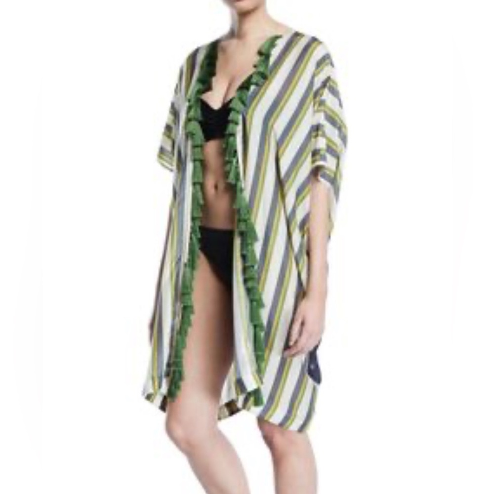 RARE Verandah Hand Beaded Panel Forest Stripe Tiger Kimono Tassels Kaftan Boho M - Picture 2 of 15